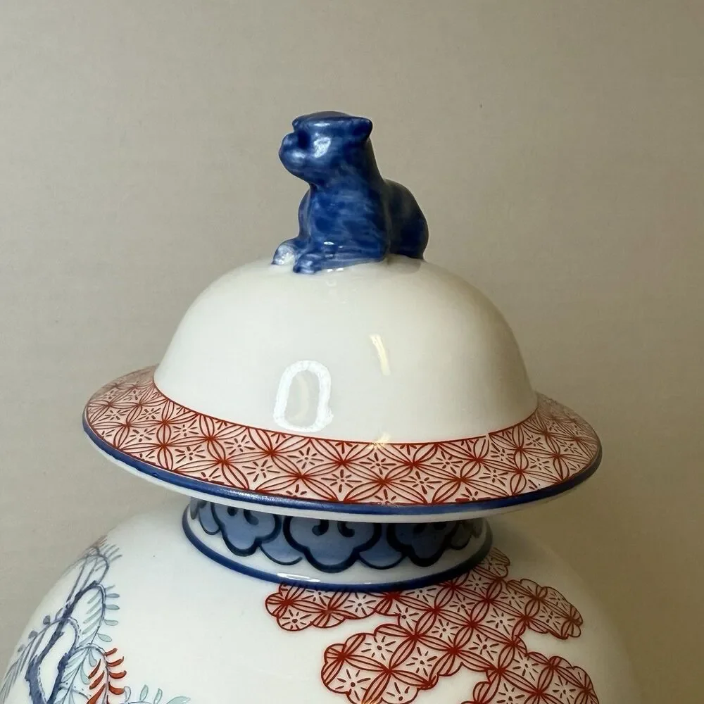 Vintage Mottahedeh Tobacco Leaf Phoenix Ginger Jar w/ Lid Chinoiserie
